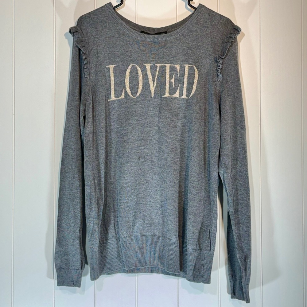 White House Black Market Loved Ruffle Shoulder Cashmere Blend Sweater Gray L